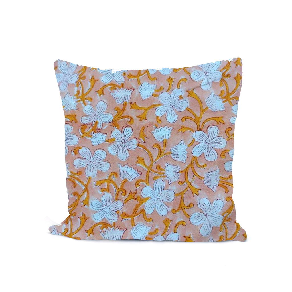 Peach White Floral Pillow Cover, 16x16 Handmade Throw Pillow, Boho Cotton Cushion Hand Block Printed Cotton Cushion Cover, Christmas Pillow