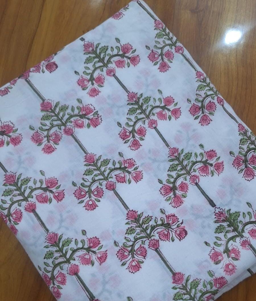 Pink Floral Cotton Fabric, Hand Block Print Fabric, Indian Floral Fabric by Yard, Soft Cotton Craft Fabric, Sewing Quilting Fabric, Napkins