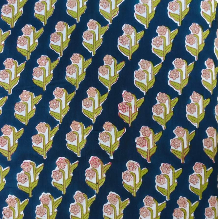 Blue Floral Cotton Fabric by the Yard, Indian Block Print Fabric, Pink Green Buti Print, Quilting Sewing Craft Fabric, Loose Running Fabric