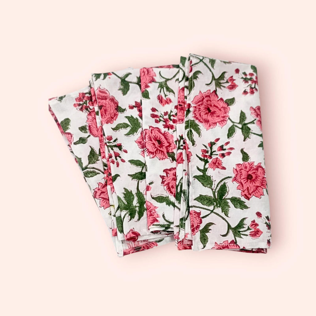 pink rose cotton dinner napkin, cloth napkins, hand printed napkins. personalized gifts, wedding napkins, flower napkin, cocktail napkins
