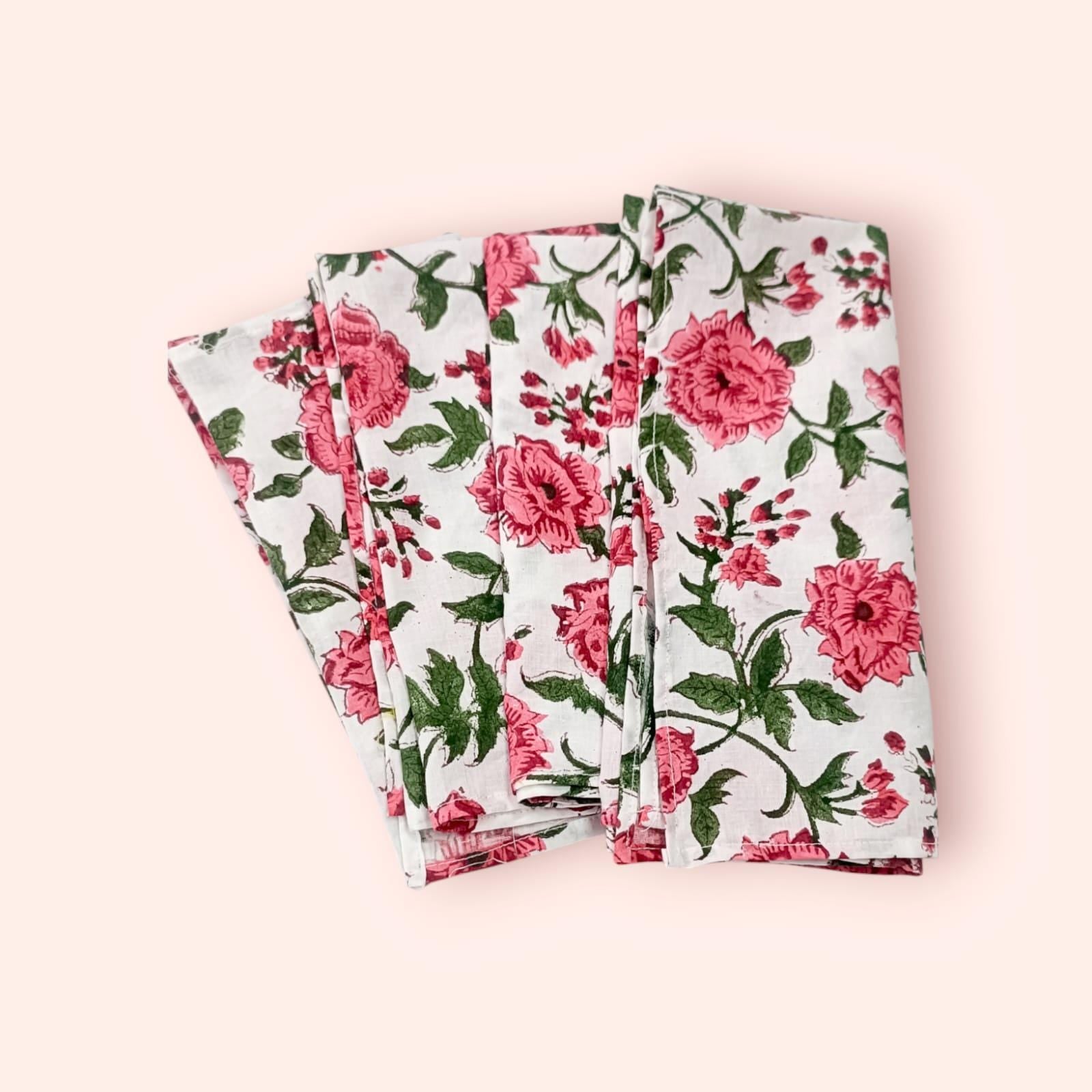 pink rose cotton dinner napkin, cloth napkins, hand printed napkins. personalized gifts, wedding napkins, flower napkin, cocktail napkins