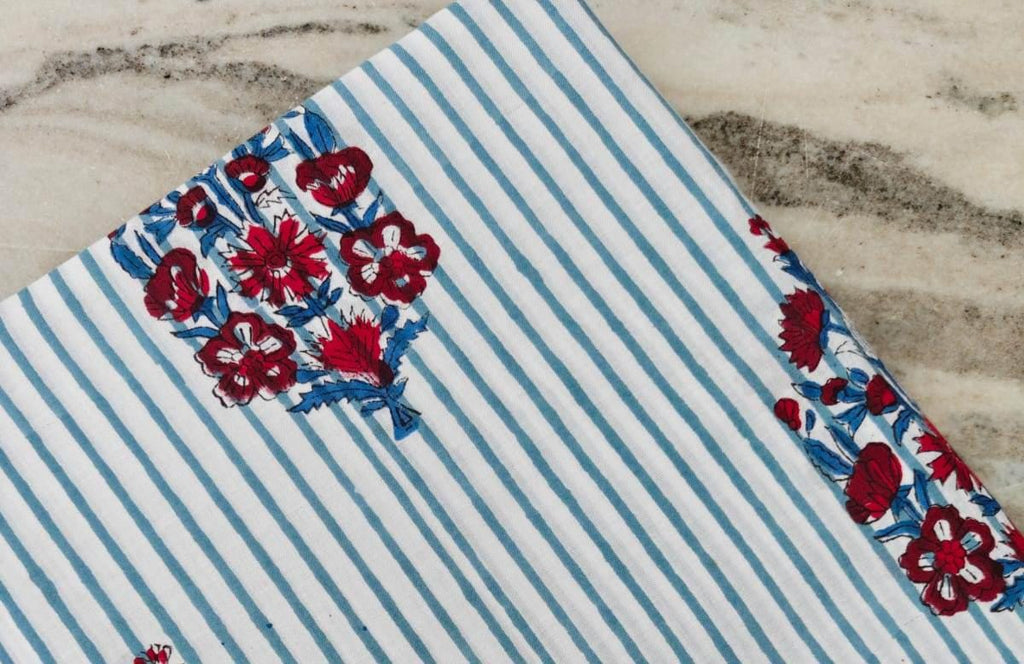 Striped Floral Cotton Fabric, White Blue Stripes with Red Flower Hand Block Print, Indian Cotton Fabric by the Yard for Sewing, Dressmaking