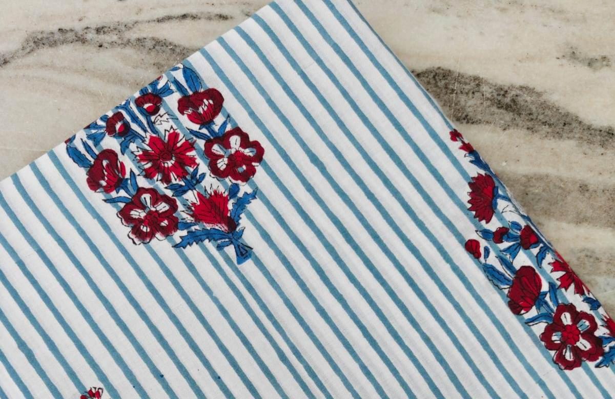 Striped Floral Cotton Fabric, White Blue Stripes with Red Flower Hand Block Print, Indian Cotton Fabric by the Yard for Sewing, Dressmaking