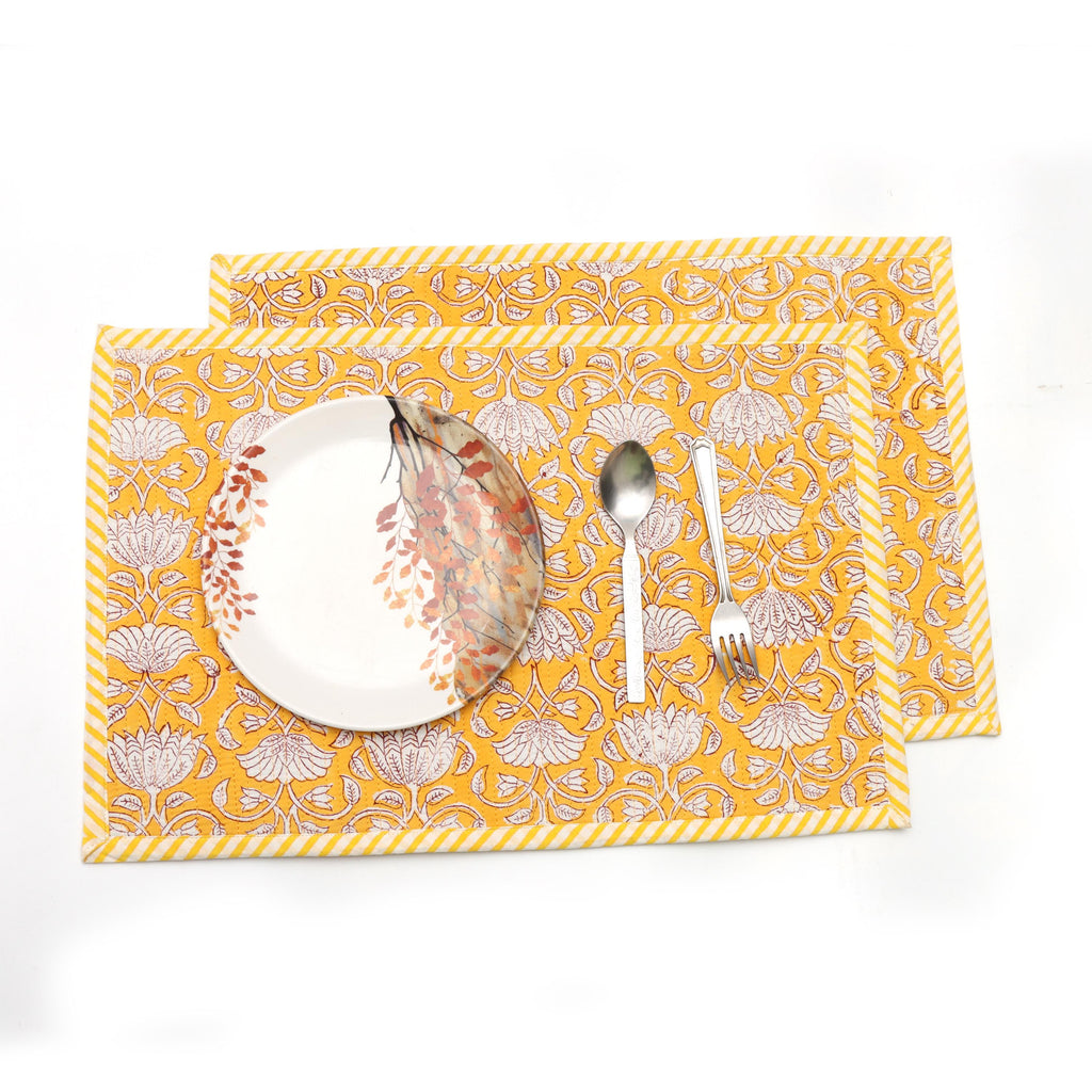 Yellow Floral Block Print Placemats Set, Hand Block Printed Cotton Table Mats, Mustard Yellow Dining Table Decor Placemat,Handmade Placement