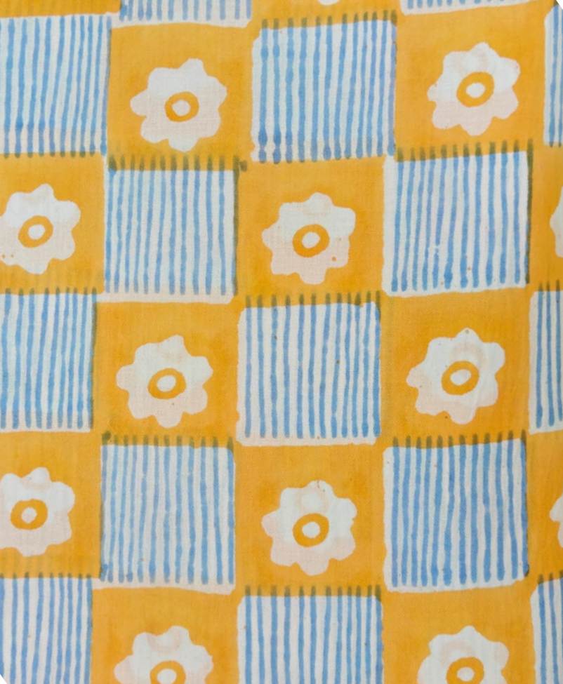 Yellow Floral Check Cotton Fabric by Yard, Retro Geometric Cotton Fabric, Blue Stripe Printed Fabric, Sewing Craft Fabric, Loose Fabric