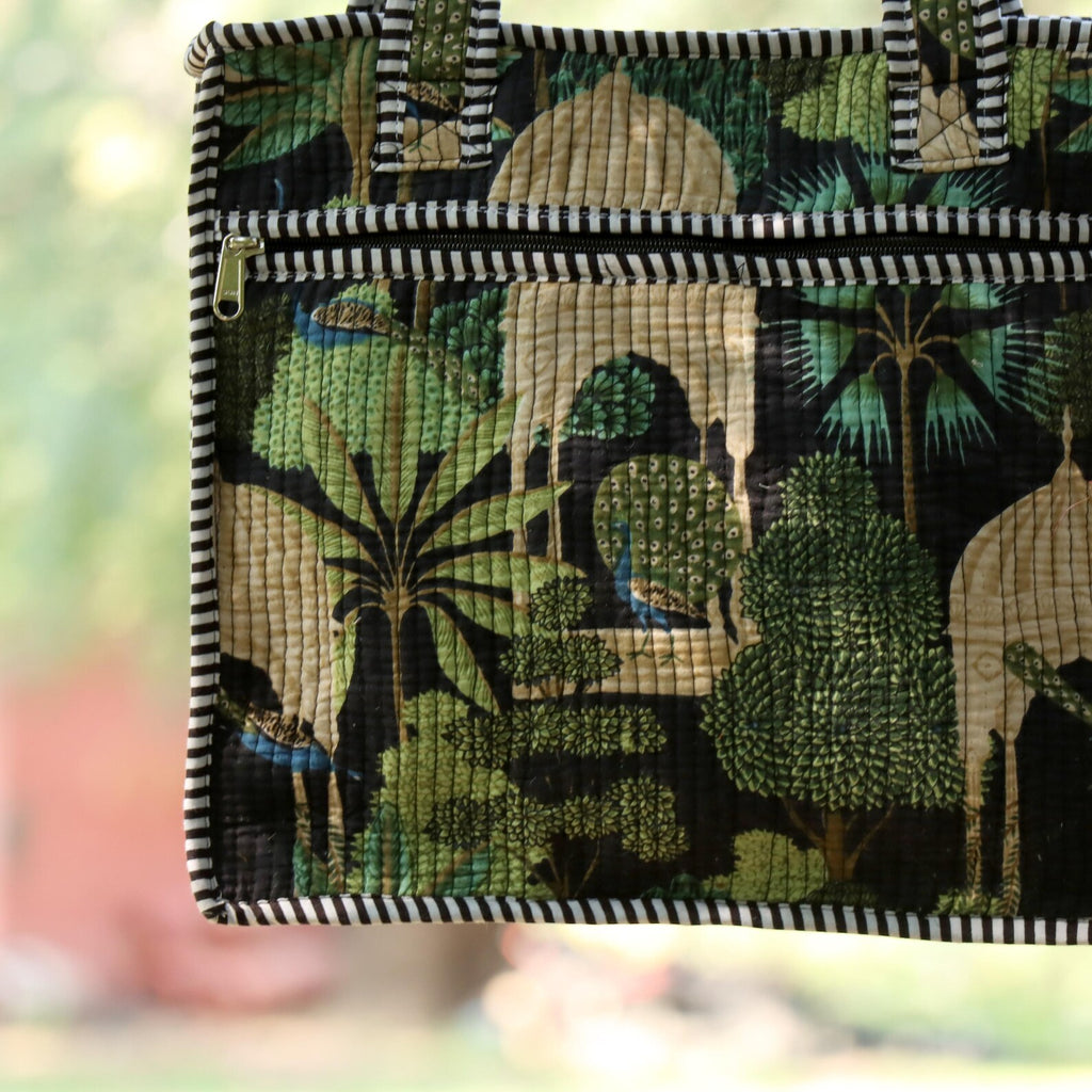 Handmade Quilted Cotton Tote Bag, Botanical Jungle Print Small Tote, Reusable Eco Friendly Shoulder Bag, Everyday Carry Gift Bag