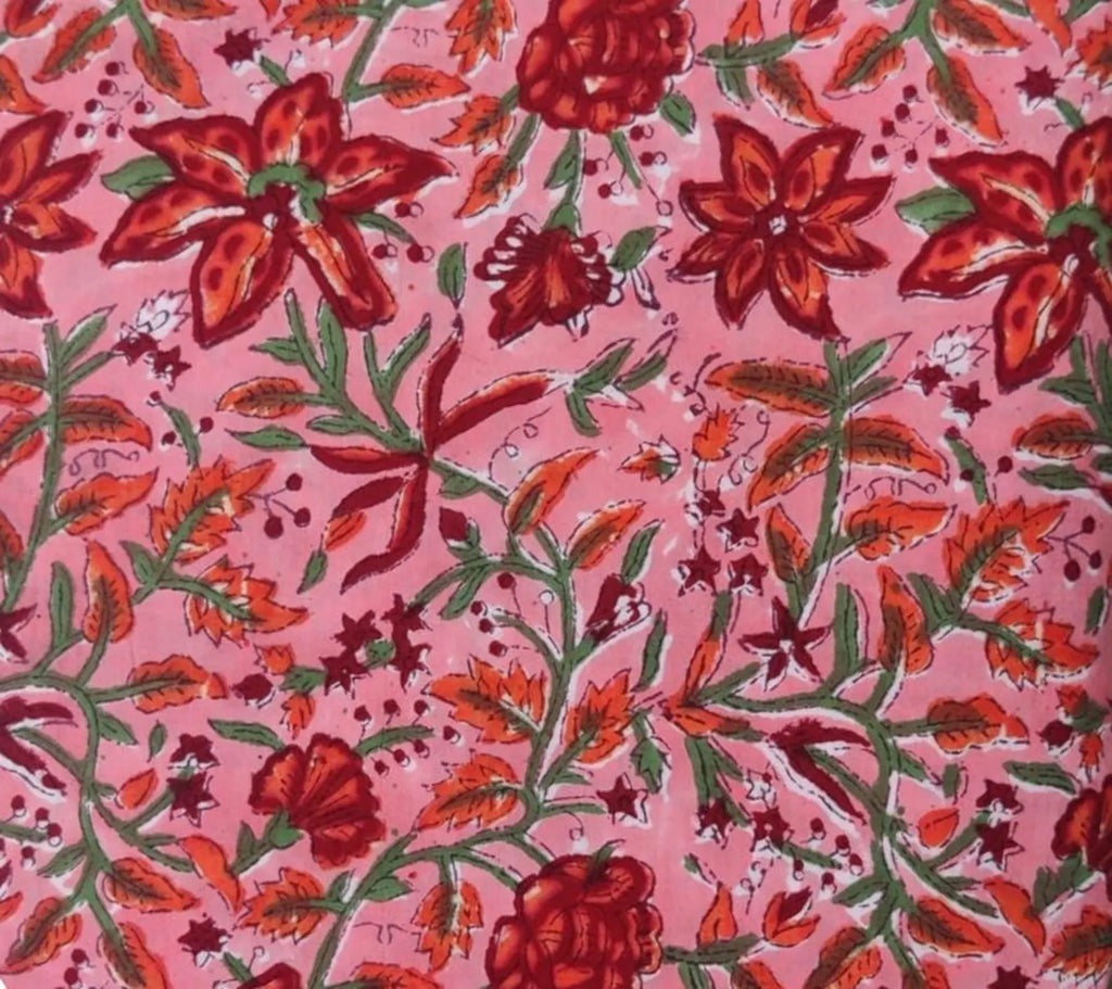 Pink Floral Cotton Fabric, Red Orange Hand Block Print Fabric By The Yard, Indian Soft Cotton for Quilting, Dressmaking, Sewing & Crafts
