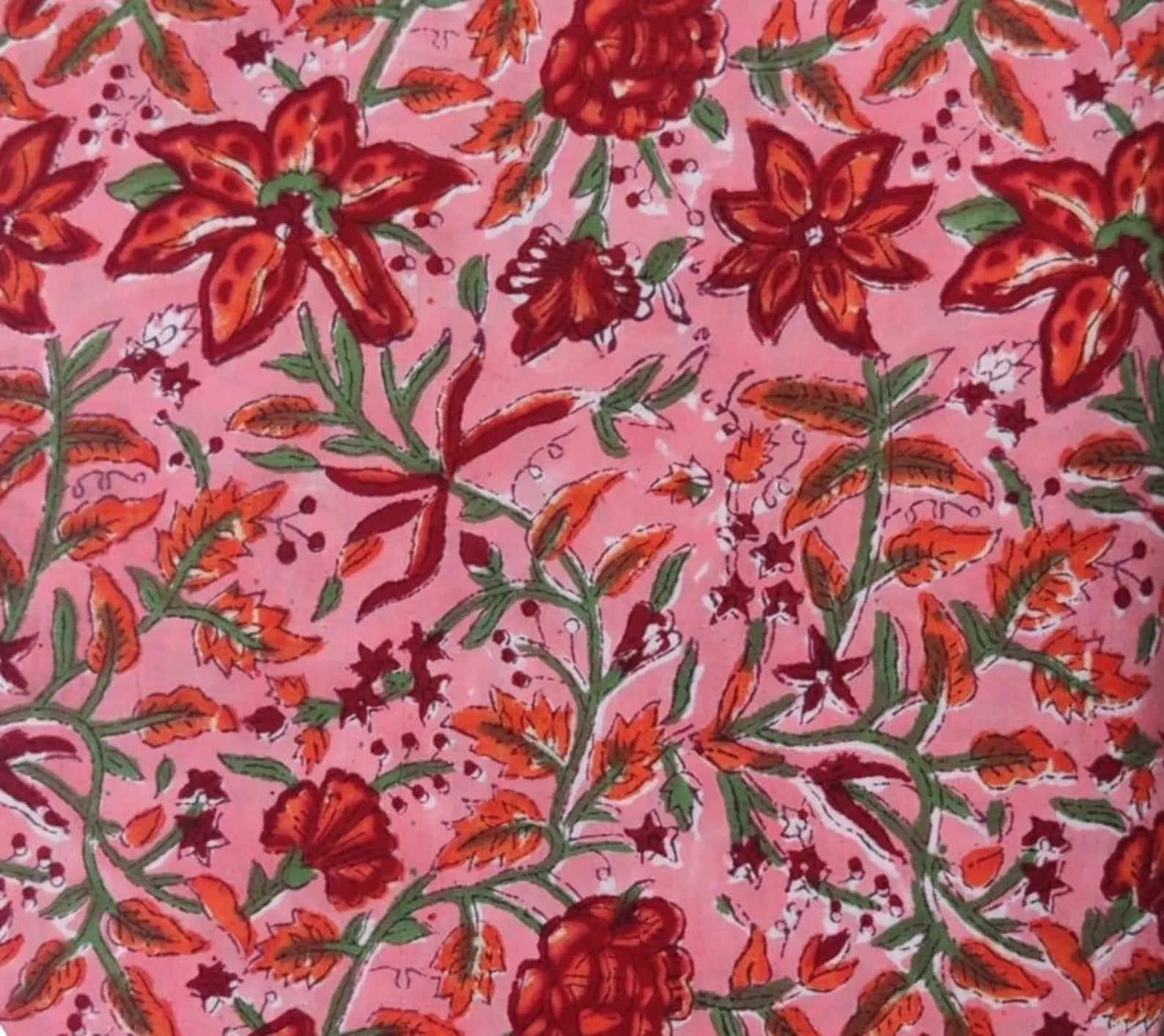 Pink Floral Cotton Fabric, Red Orange Hand Block Print Fabric By The Yard, Indian Soft Cotton for Quilting, Dressmaking, Sewing & Crafts