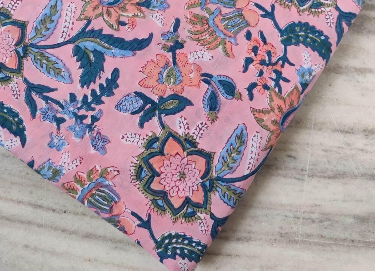 Pink Floral Cotton Fabric by the Yard | Hand Block Printed Indian Fabric for Sewing, Quilting, Dressmaking | Soft Lightweight Cotton Fabric