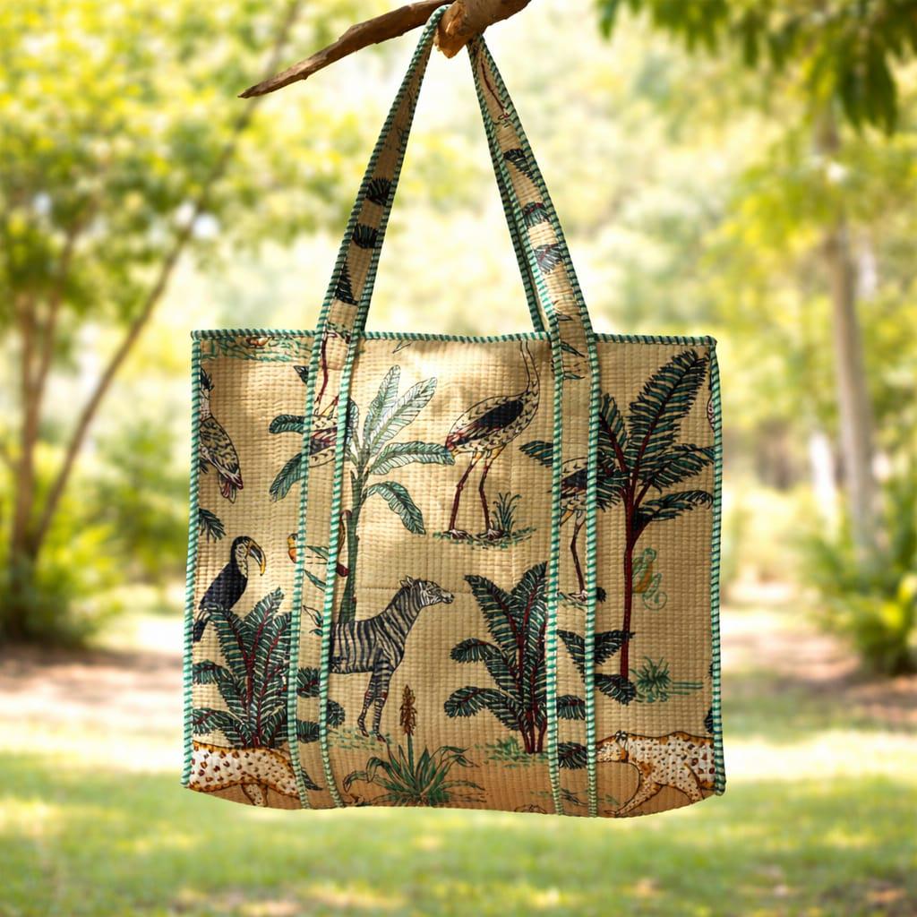 Jungle Print Quilted Tote Bag, Handmade Cotton Beach Bag, Safari Animal Shoulder Bag, Block Print Market Tote, Tropical Travel Bag