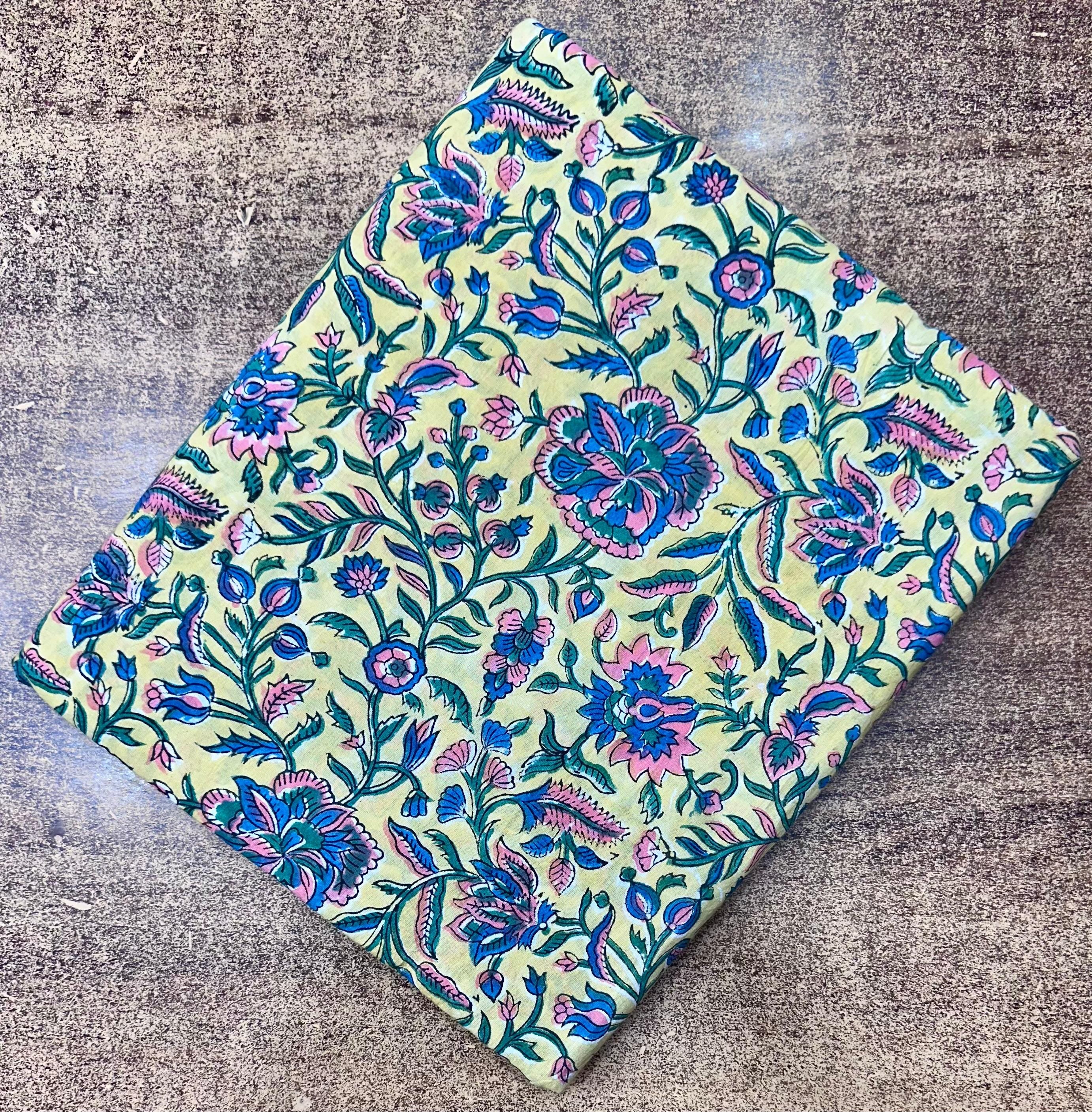 Green Floral Cotton Fabric by Yard, Indian Hand Block Print Cloth, Soft Cotton Sewing Quilting Dressmaking Fabric, Loose Running Fabric