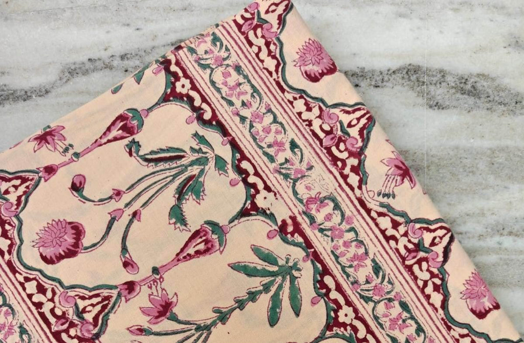 Beige Floral Cotton Fabric with Border, Soft Cotton Fabric, Indian Hand Block Fabric, 100% Cotton Fabric By The Yard, Loose Running Fabric