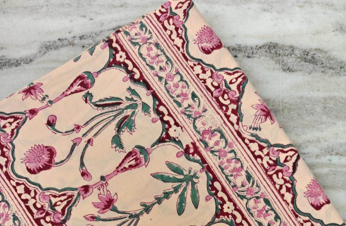Beige Floral Cotton Fabric with Border, Soft Cotton Fabric, Indian Hand Block Fabric, 100% Cotton Fabric By The Yard, Loose Running Fabric