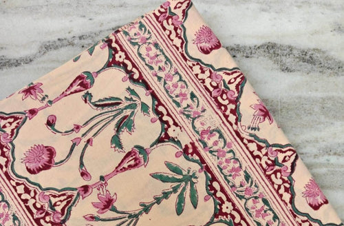 Beige Floral Cotton Fabric with Border, Soft Cotton Fabric, Indian Hand Block Fabric, 100% Cotton Fabric By The Yard, Loose Running Fabric