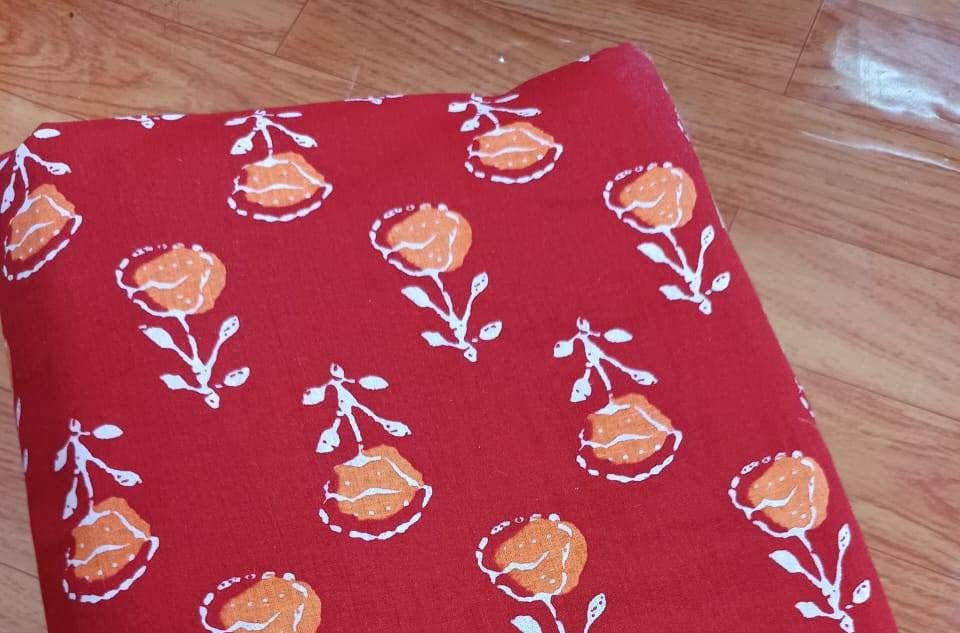 Red Color Indian Hand Block Print Fabric, Floral 100% Cotton Quilting Fabric By The Yard, Dressmaking Fabric, Loose Running Fabric, Gifts