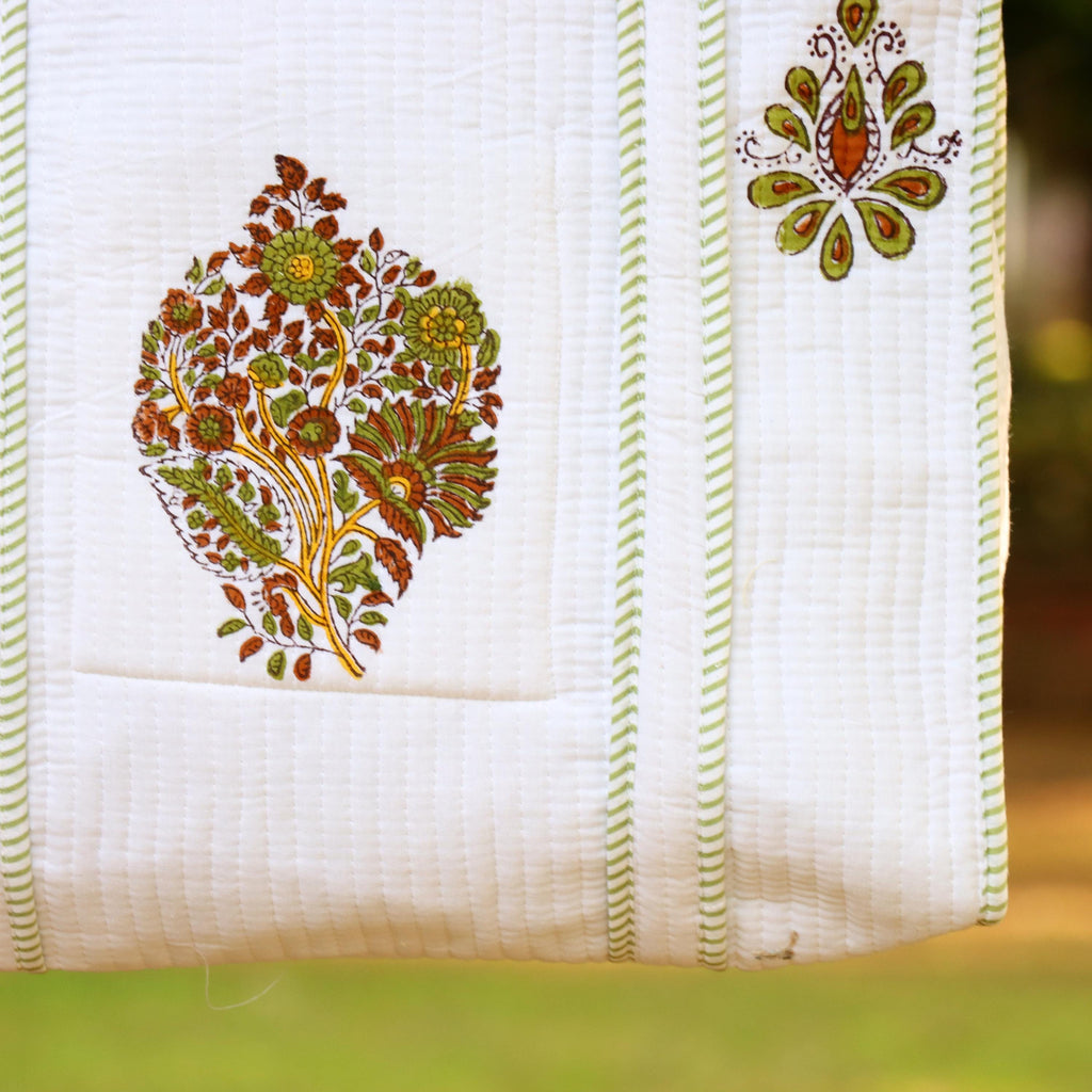 Hand Block White Cotton Floral Block Print Shoulder Bag, Handmade Quilted Tote Bag, Quilted Tote Bag, Indian Bags Shopping Bags, Women's Bag