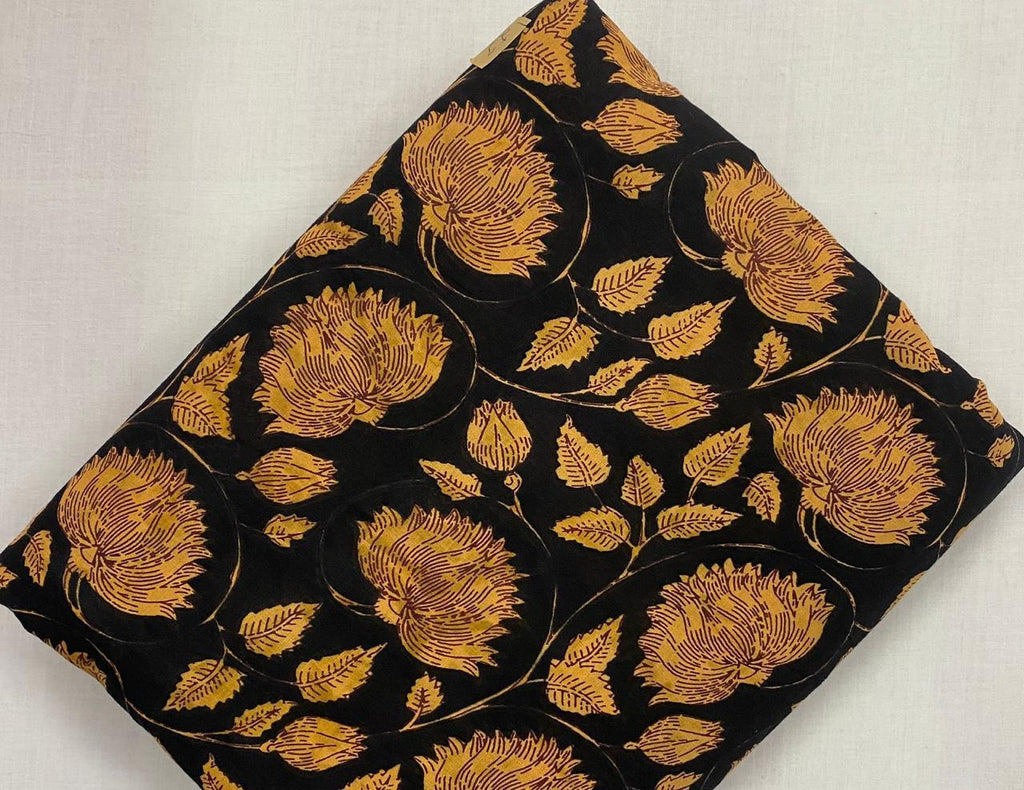 Black Mustard Floral Hand Block Print Cotton Fabric, Indian Buta Print Fabric by Yard, Soft Sewing Quilting Dressmaking Home Decor Material