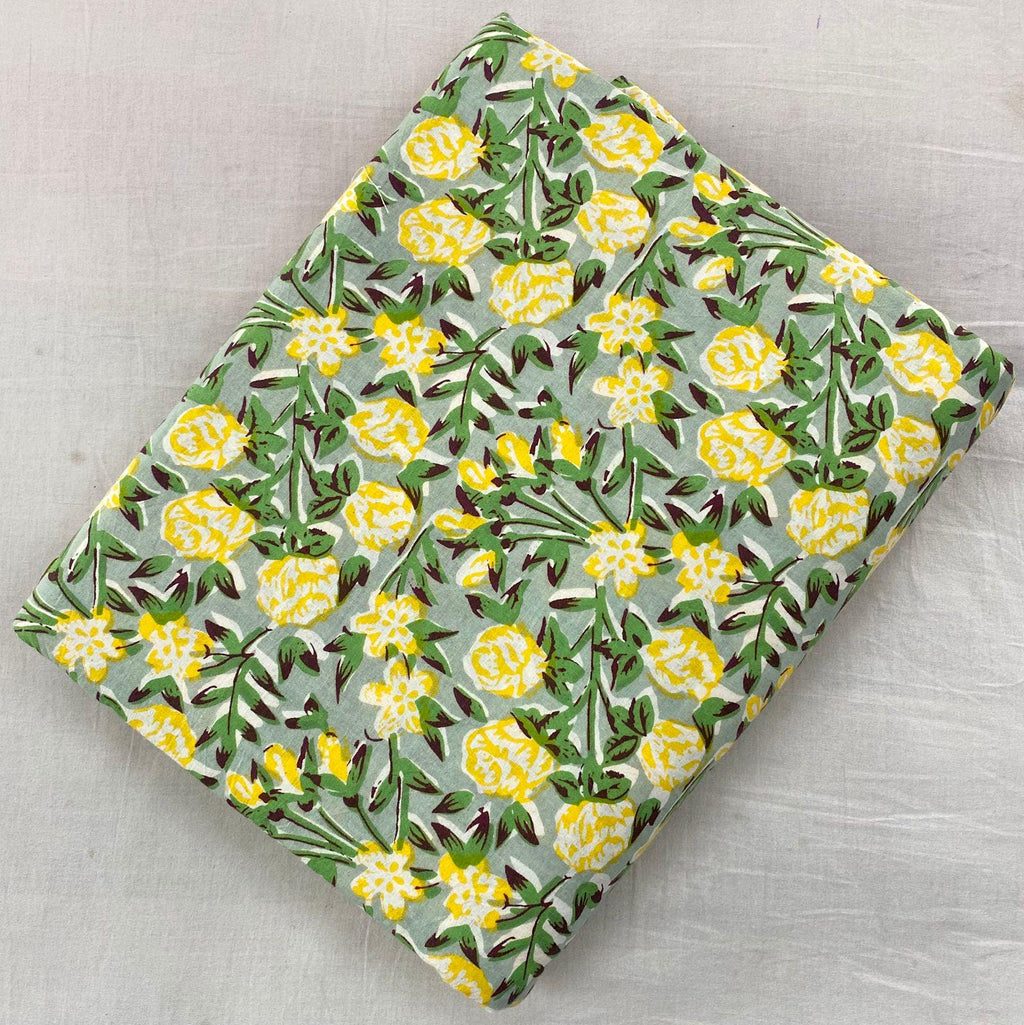 Yellow Floral Cotton Fabric | Hand Block Print Green Leaf Pattern | Soft Indian Cotton by the Yard | Sewing, Quilting, Dressmaking Fabric