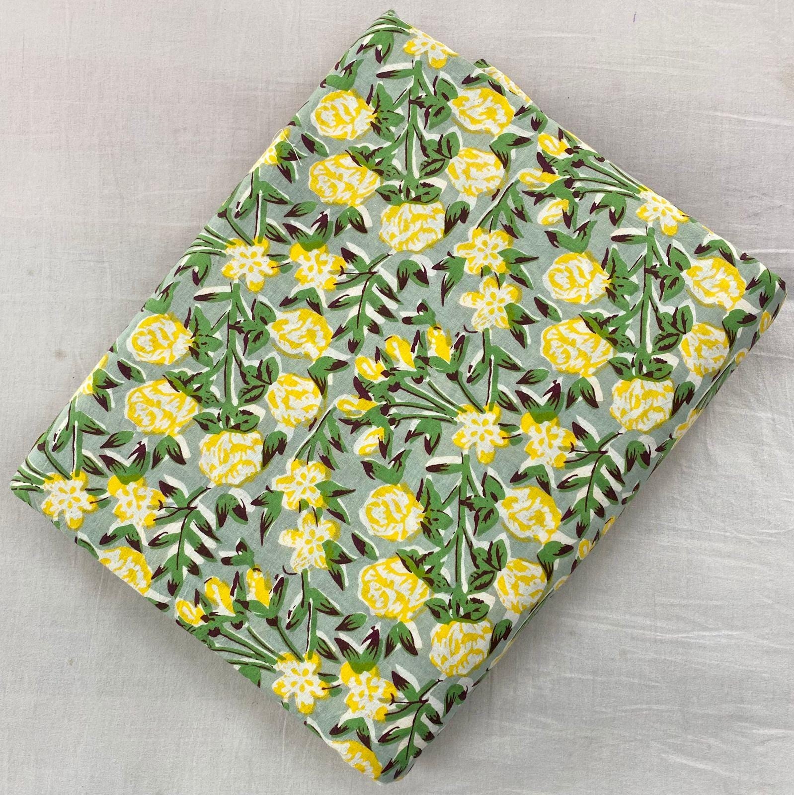 Yellow Floral Cotton Fabric | Hand Block Print Green Leaf Pattern | Soft Indian Cotton by the Yard | Sewing, Quilting, Dressmaking Fabric