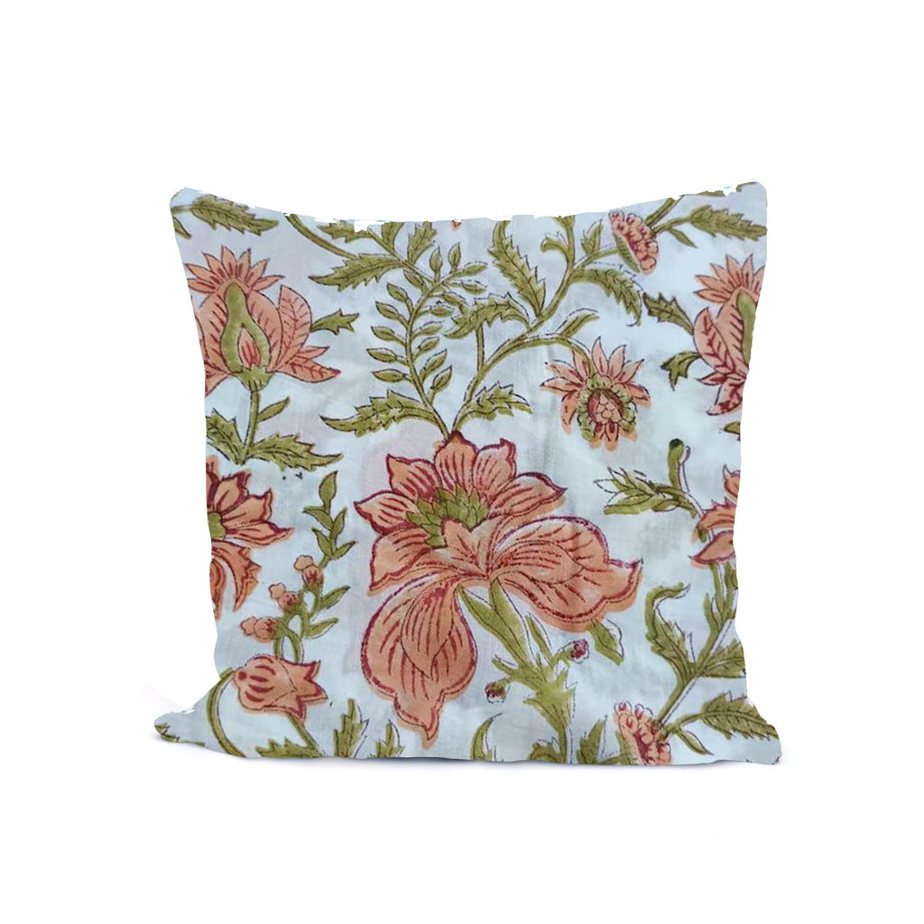 Floral Cotton Cushion Cover, Hand Block Print Pillow Cover, Peach Green Flower Print Throw Pillow, Boho Decorative Sofa Cushion, Home Decor