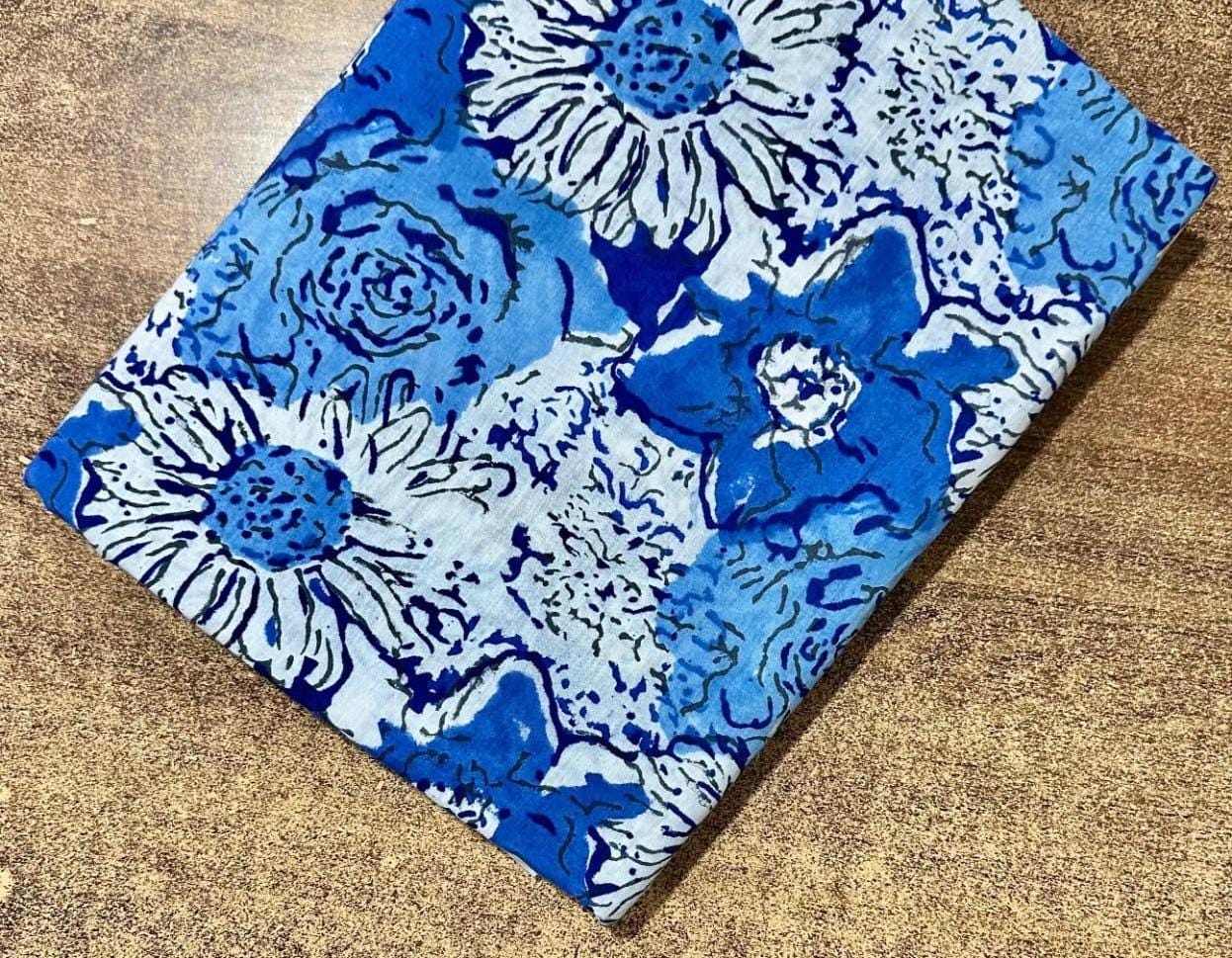 Blue Floral Cotton Fabric by the Yard, Hand Block Print Cotton Fabric, Quilting Fabric, Boho Home Decor & Dressmaking Fabric, Running Fabric