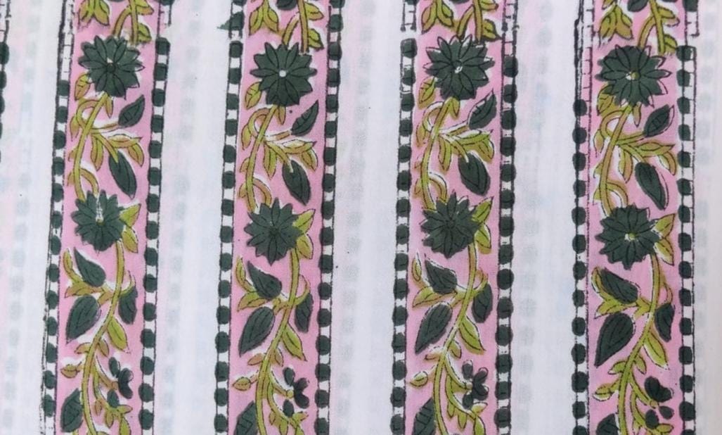 White Cotton Fabric with Green Floral Vines & Pink Stripes, Indian Hand Block Print Fabric by the Yard, Soft Cotton for Quilting,Dressmaking