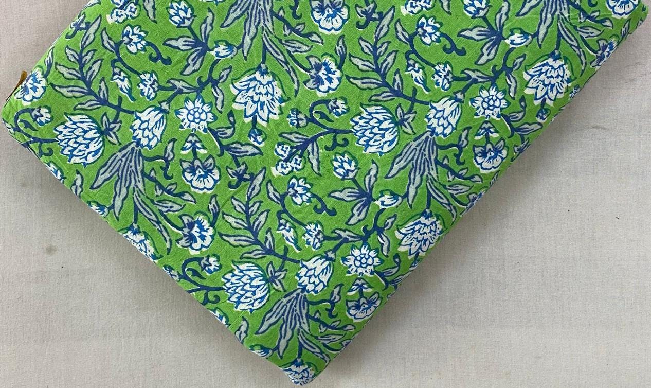 Green Color Indian Hand Block Print Fabric, 100% Cotton Quilting Fabric By The Yard, Fabric For Dress Making Fabric, Loose Running Fabric