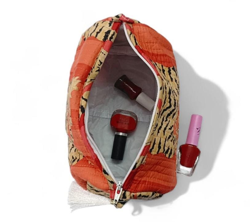 Set of 3 Quilted Toiletry Bags | Big, Medium, Small, Toiletry Bag | Women Wash Bag | Tiger Print Travel Pouch | Hand Block Print Pouch, Gift