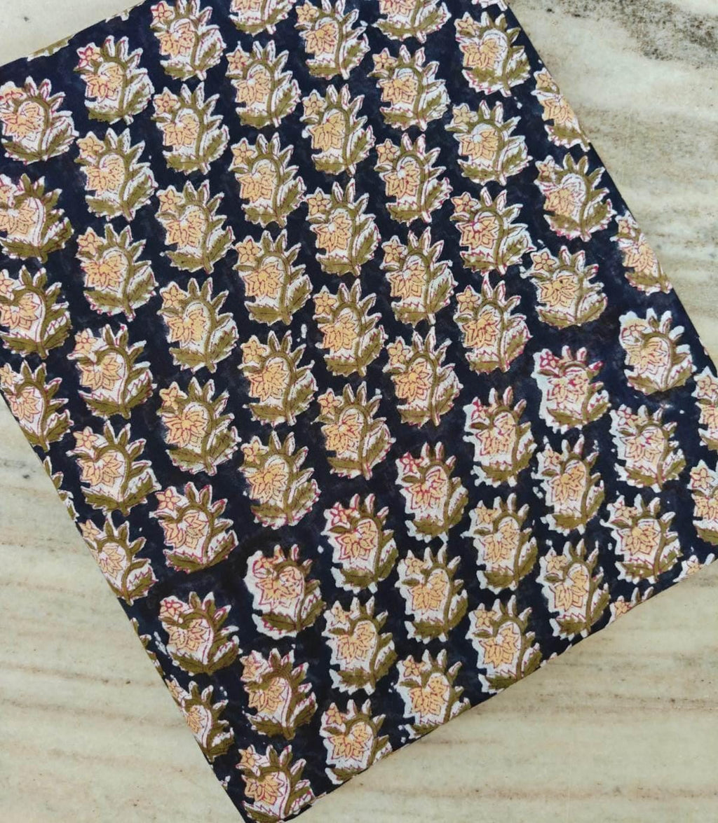Hand Block Print Cotton Fabric, Navy Blue Floral Fabric, Indian Cotton Textile, Handmade Printed Fabric, Dressmaking Quilting Craft Fabric
