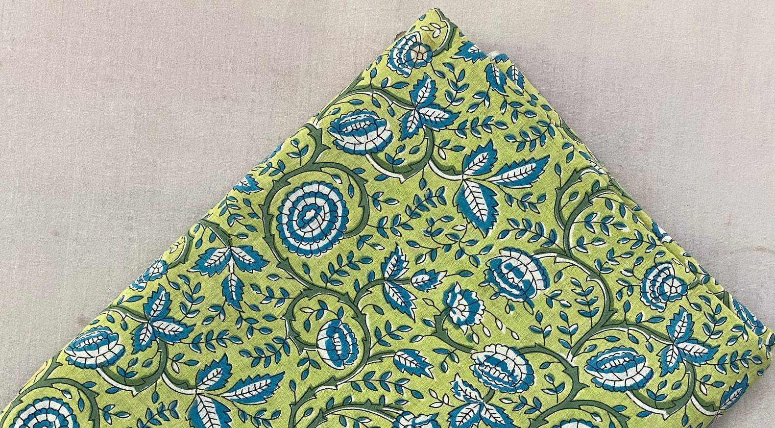 Green Soft Cotton, Indian Hand Block Print Fabric, 100% Cotton Fabric By The Yard, Fabric for Loose Running, Dress Making, Textile Fabric