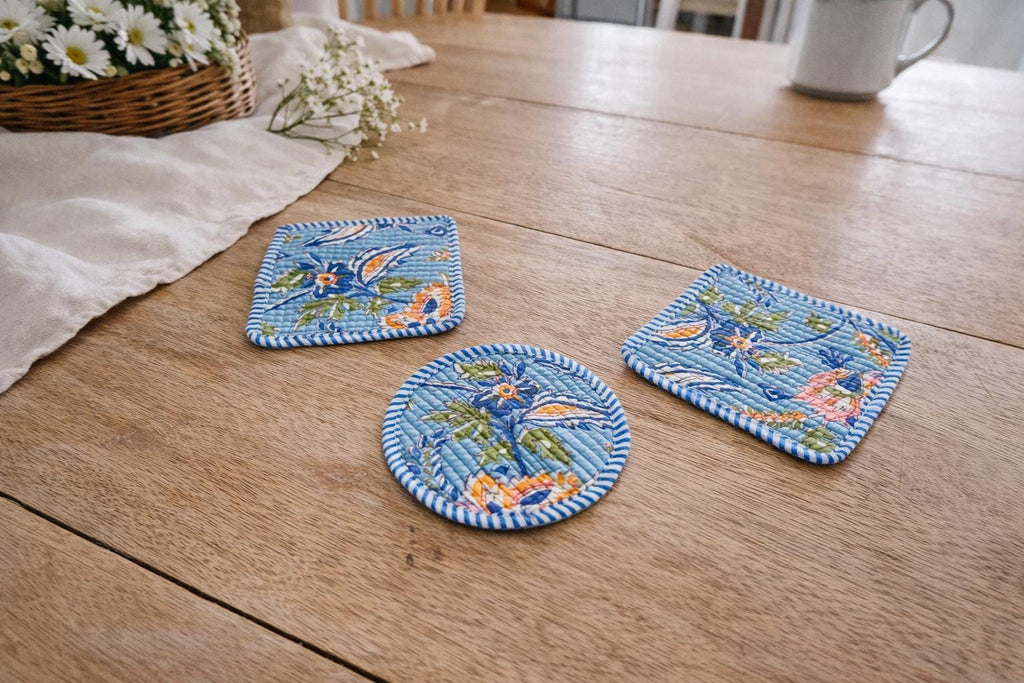Floral Cotton Tea Coaster Set, Hand Block Print Blue Coasters, Quilted Fabric Drink Coasters, Reusable Table Decor, Housewarming Gift