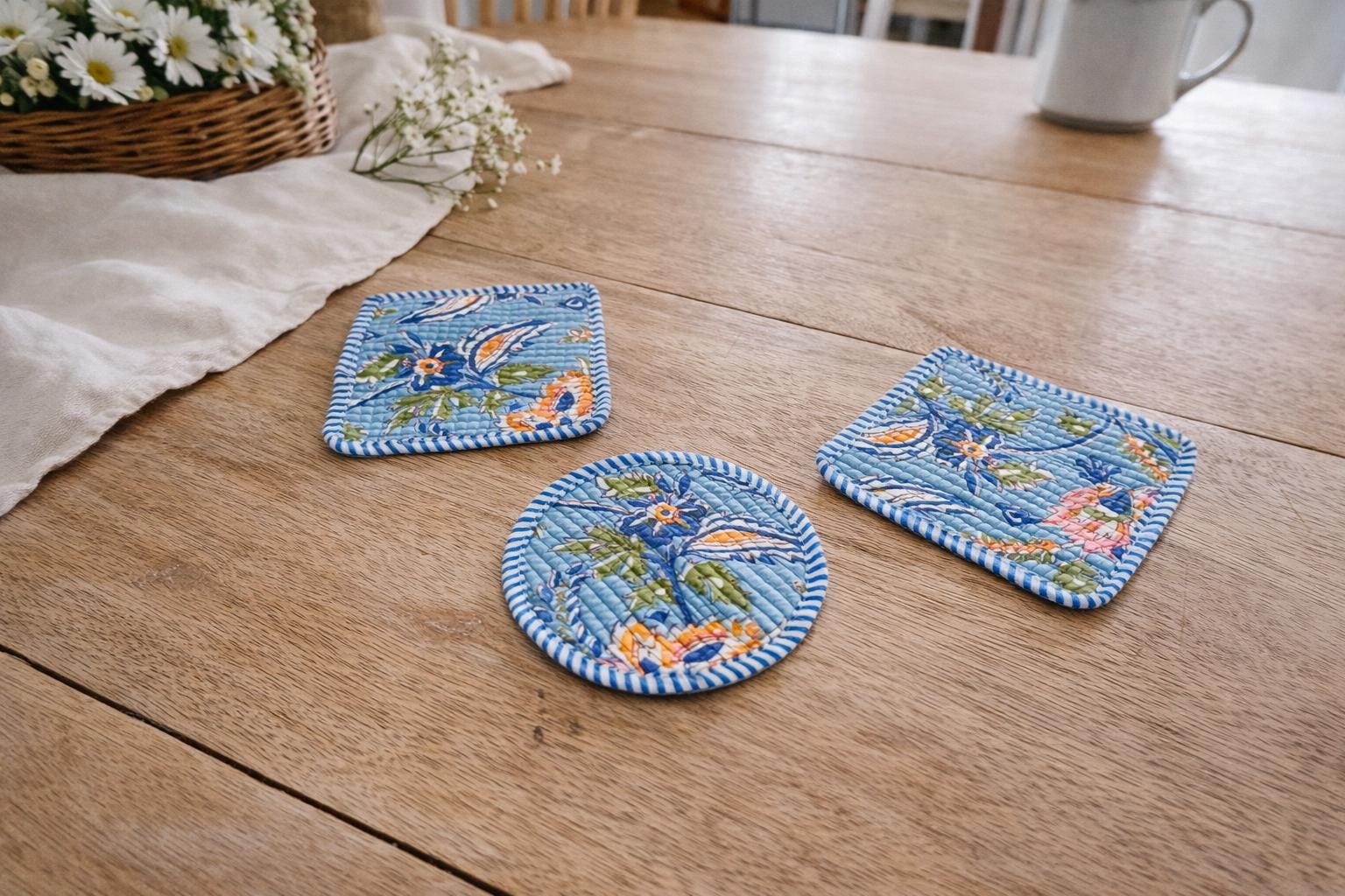 Floral Cotton Tea Coaster Set, Hand Block Print Blue Coasters, Quilted Fabric Drink Coasters, Reusable Table Decor, Housewarming Gift