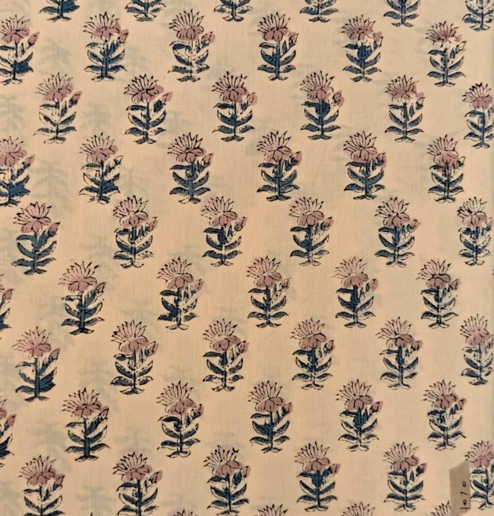 Peach Floral Cotton Fabric by the Yard – Blue and Pink Hand Block Print Fabric – Indian Cotton for Quilting & Dressmaking, Napkins