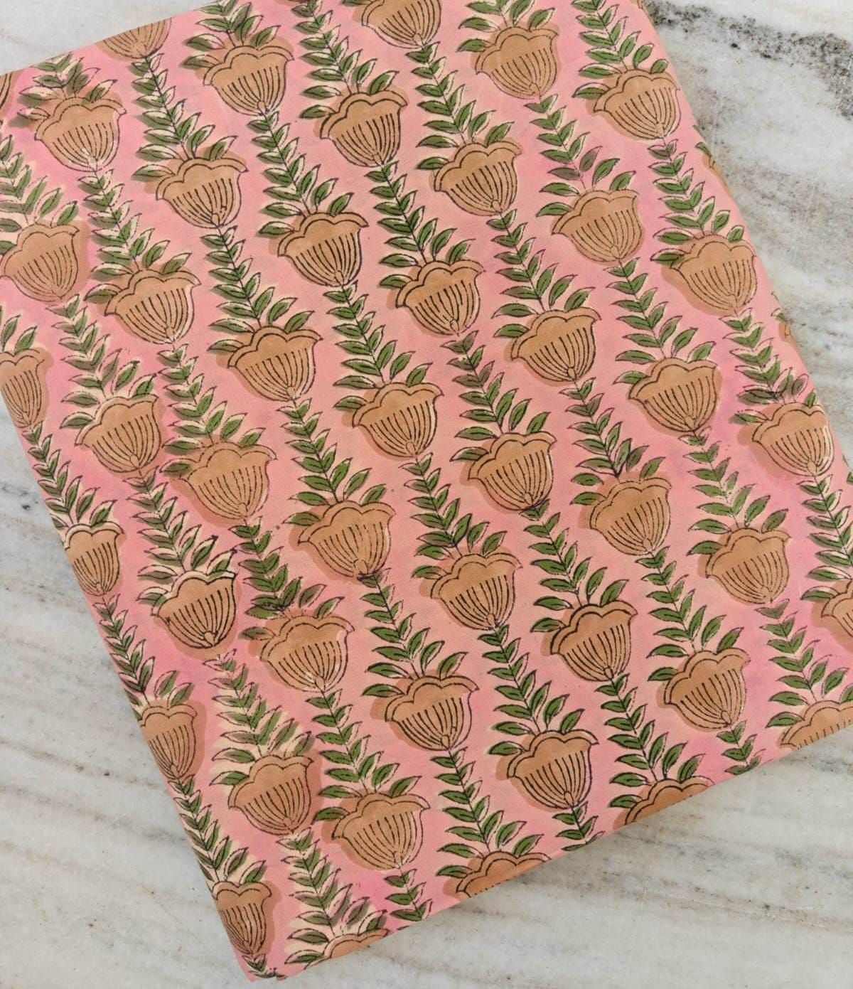 Pink Floral Block Print Cotton Fabric, Hand Block Printed Fabric by Yard, Soft Cotton Textile for Dress,  Craft Fabric Bulk Fabric Available