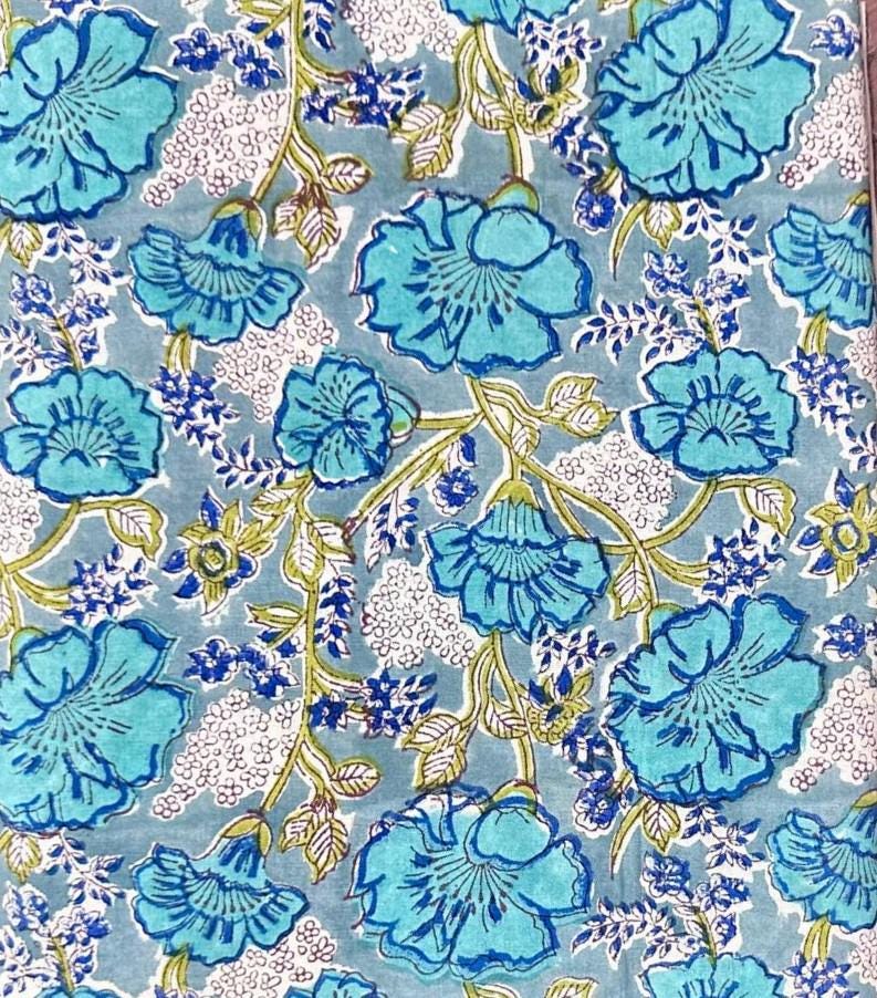 Blue Rose Pattern Cotton Fabric, Cute Flower Fabric, Hand Block Print Fabric, Indian Cotton Textile, Sewing Quilting, Loose Running Fabric