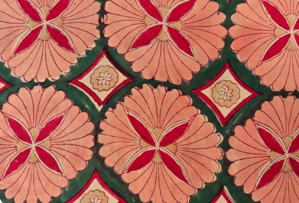 Peach and Green Floral Cotton Fabric by Yard, Indian Hand Block Print Fabric, Red Flower Cotton Material for Dress, Quilting & Home Decor