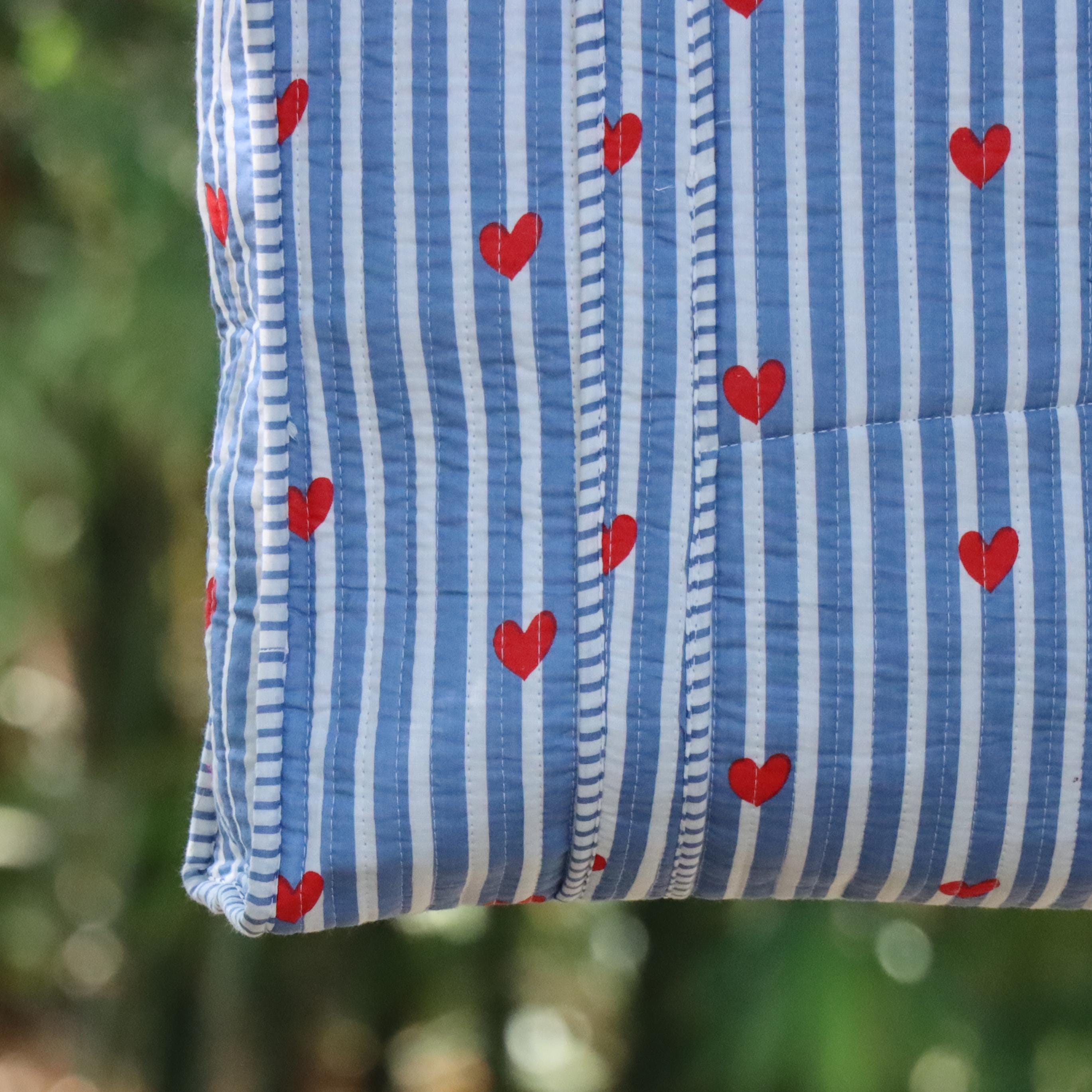 Handmade Quilted Tote Bag, Blue and White Stripe with Red Hearts