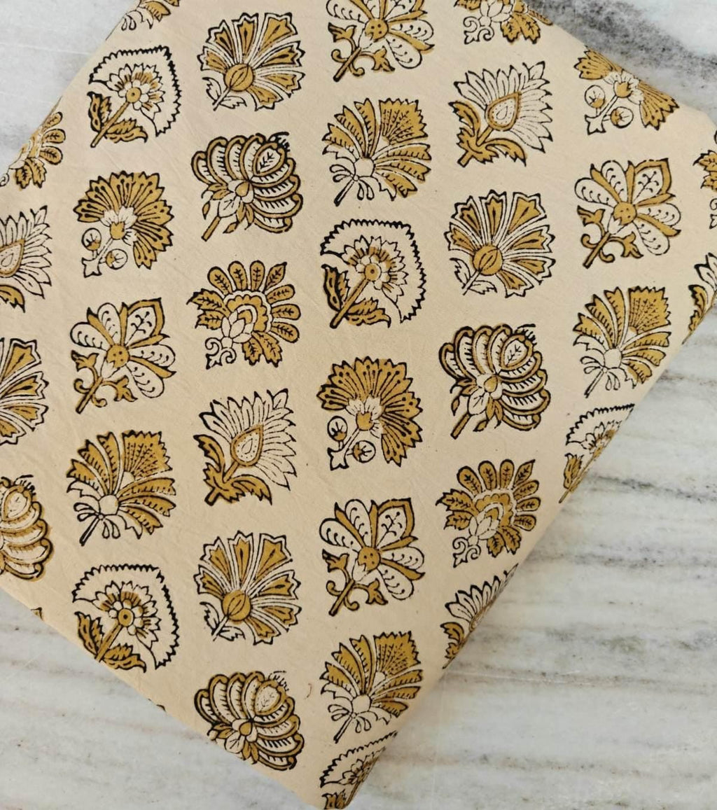 Mustard Floral Cotton Fabric by the Yard, Cream Block Print Style Fabric, Boho Indian Handblock Inspired, Fabric For Dress Making, Napkins