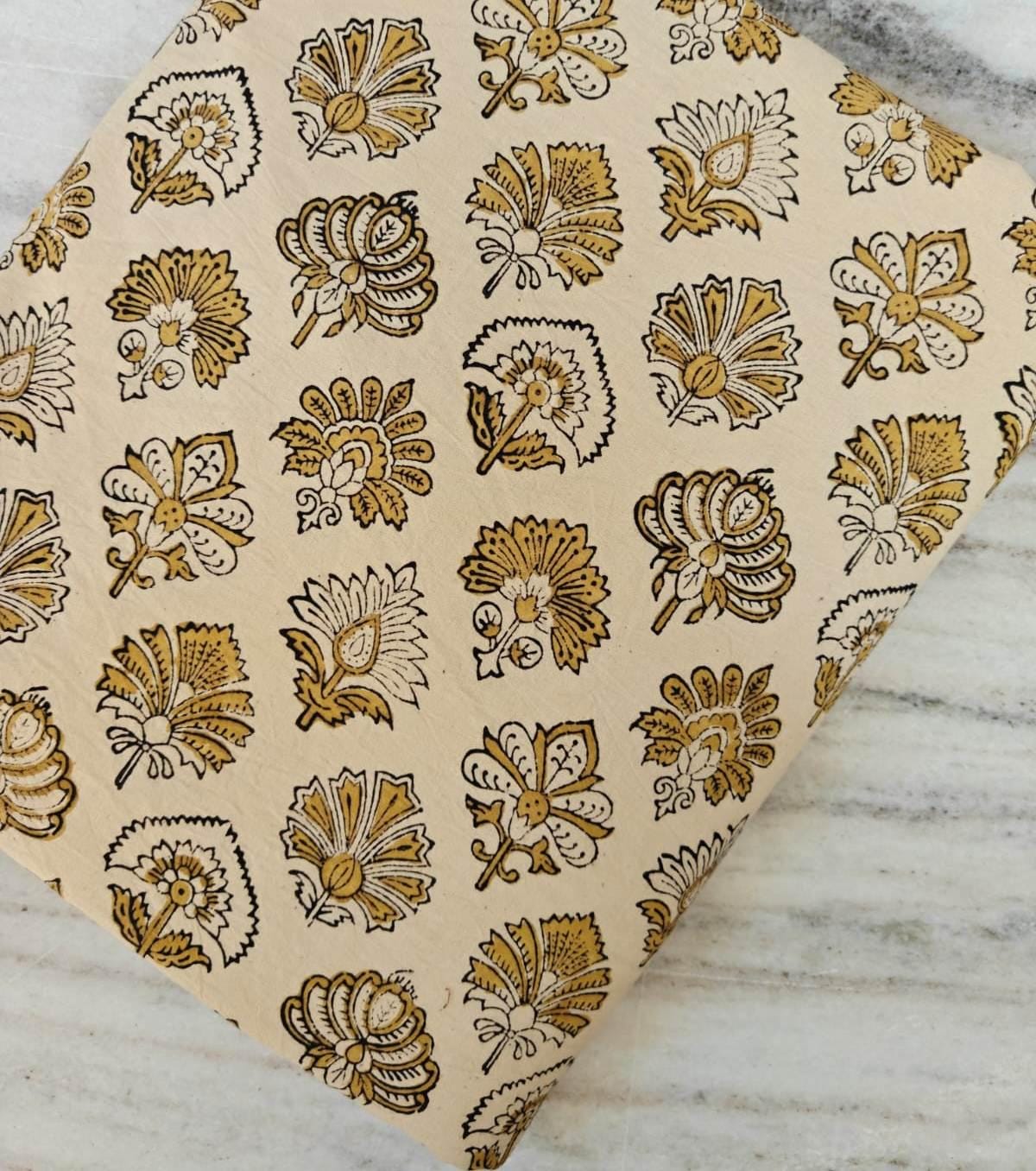 Mustard Floral Cotton Fabric by the Yard, Cream Block Print Style Fabric, Boho Indian Handblock Inspired, Fabric For Dress Making, Napkins