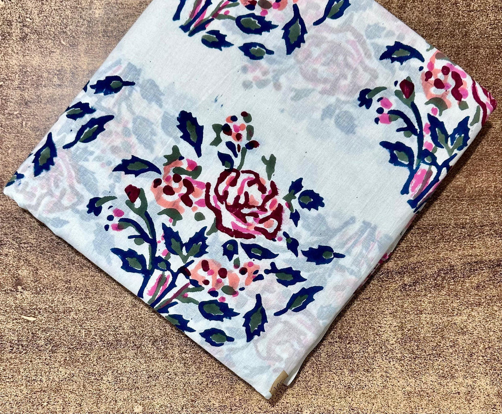 Flower Floral Cotton Fabric by the Yard, White Blue Block Print Cotton Cloth, Soft Cotton Fabric for Sewing, Quilting, Dressmaking Crafts