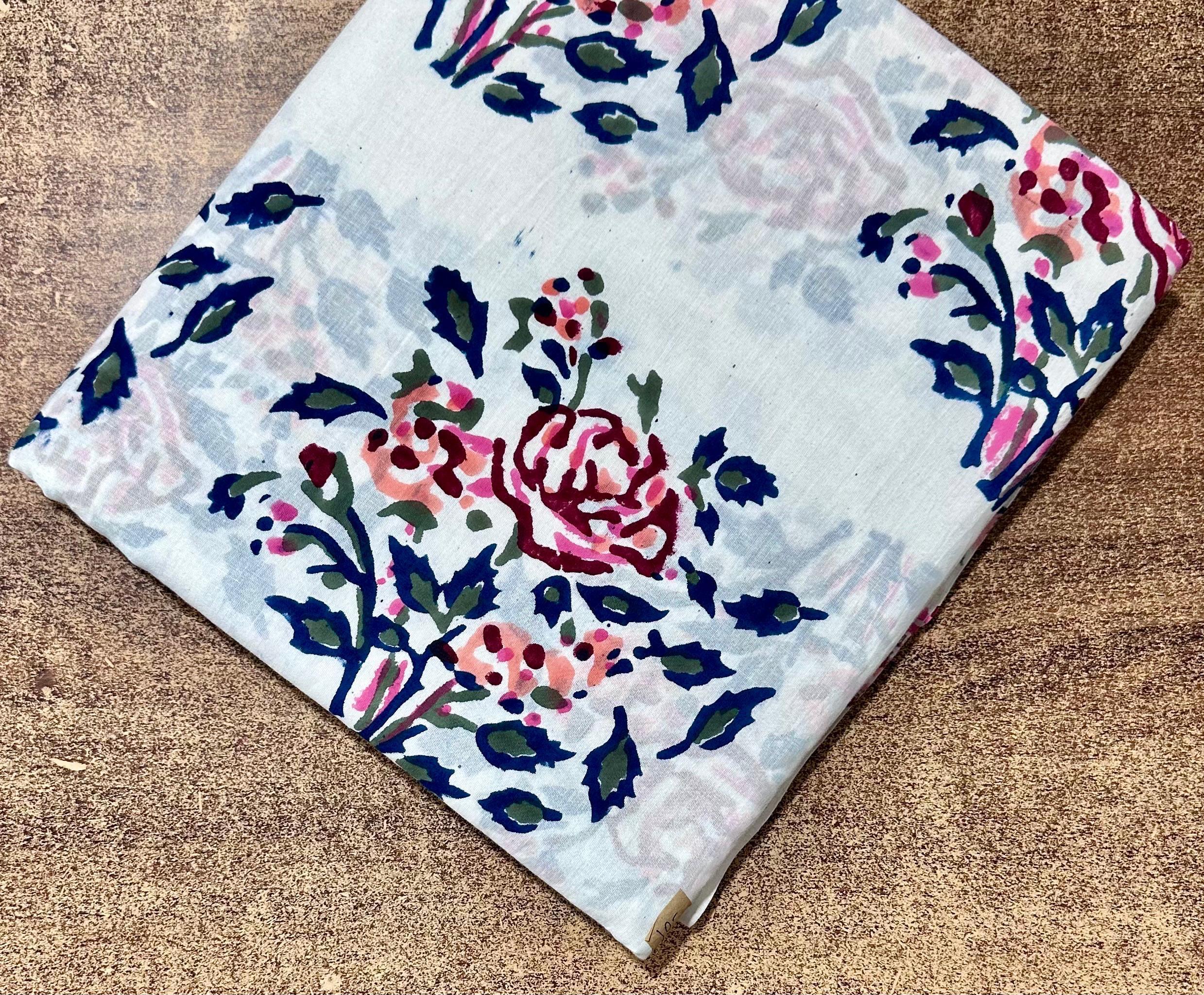 Flower Floral Cotton Fabric by the Yard, White Blue Block Print Cotton Cloth, Soft Cotton Fabric for Sewing, Quilting, Dressmaking Crafts