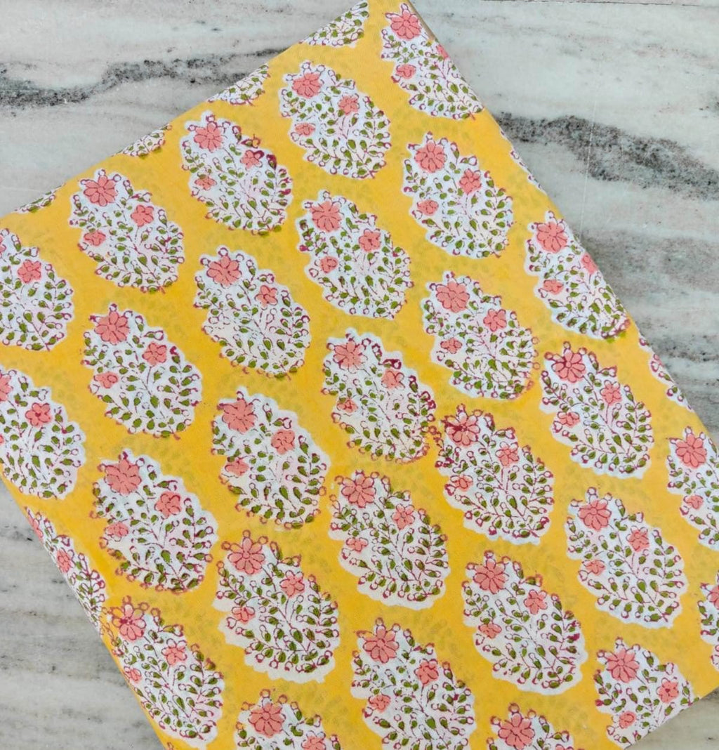 Yellow Floral Cotton Fabric – Pink Buta Block Print Fabric by the Yard – Indian Hand Block Print Style – Soft Quilting & Dressmaking Fabric