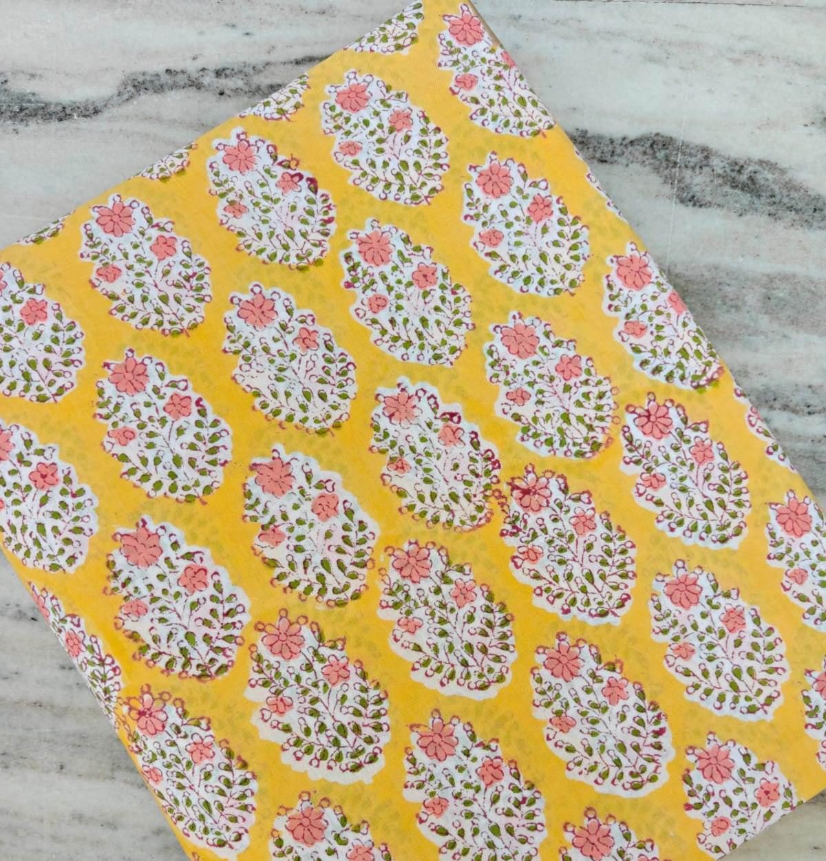 Yellow Floral Cotton Fabric – Pink Buta Block Print Fabric by the Yard – Indian Hand Block Print Style – Soft Quilting & Dressmaking Fabric