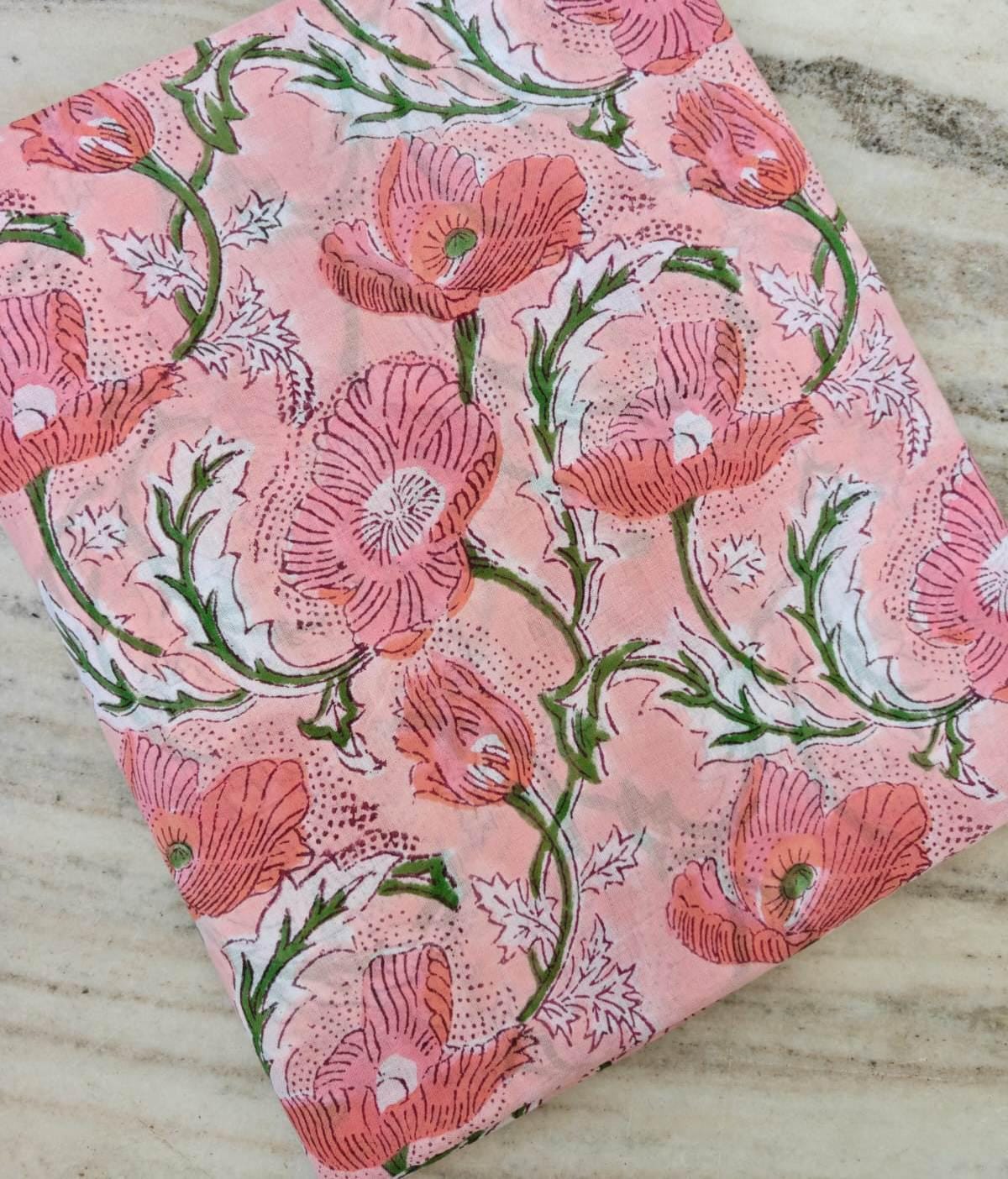 Pink Poppy Floral Cotton Fabric, Handblock Style Flower Print, Botanical Cotton Fabric, Quilting Sewing Material, Dressmaking & Craft Fabric