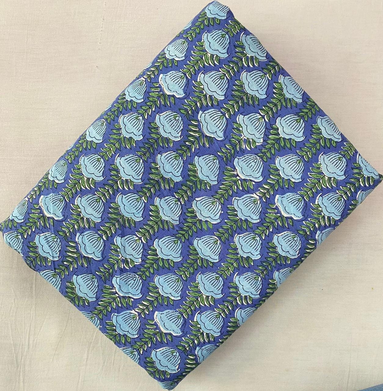Blue Floral Cotton Fabric by Yard, Indian Block Print Buti Fabric, Hand Printed Cotton Material, Boho Dressmaking Quilting Craft Fabric