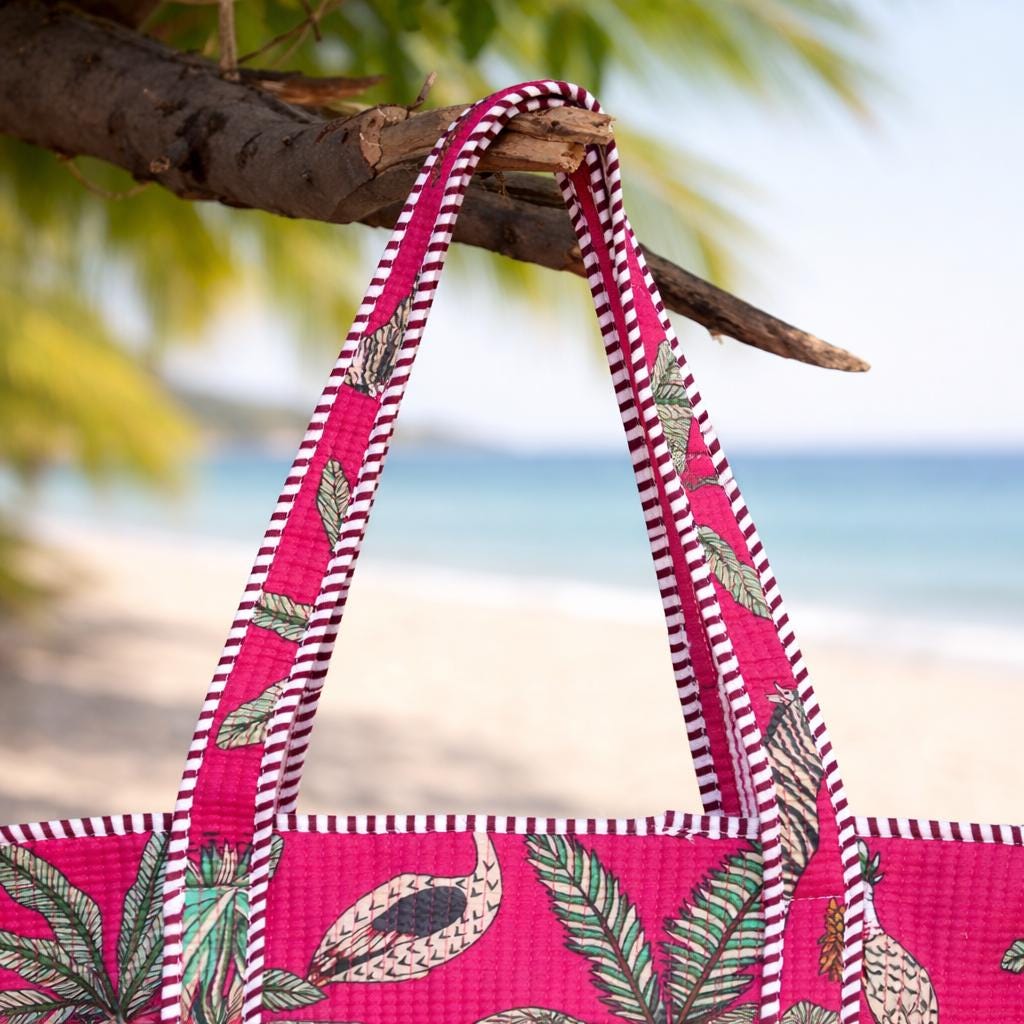 Pink Jungle Print Quilted Tote Bag, Handmade Cotton Block Print Shoulder Bag, Large Fabric Shopper, Reusable Market Bag, Safari Animal Tote