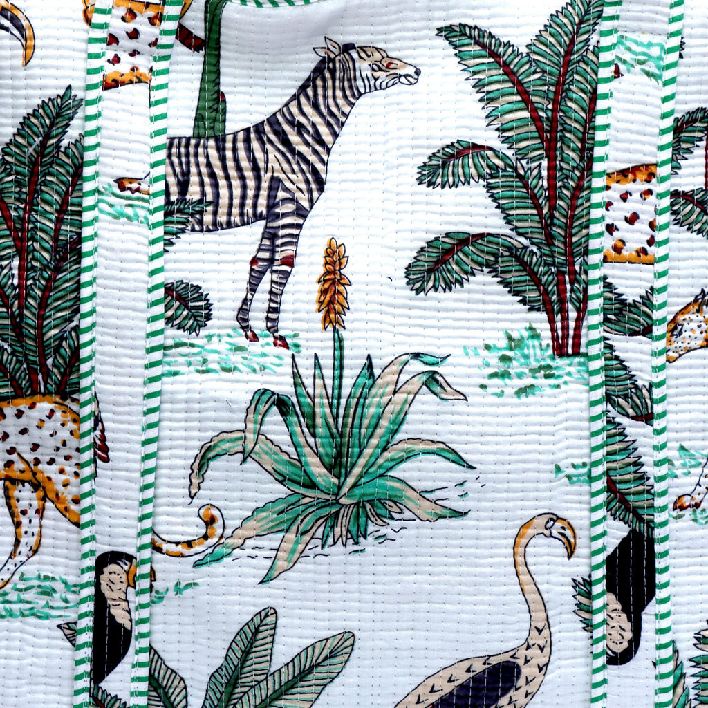 Handmade Quilted Cotton Tote Bag, White Jungle Print Shoulder Bag, Safari Animal Tote Purse, Large Everyday Market Bag, Travel Shopper Gift