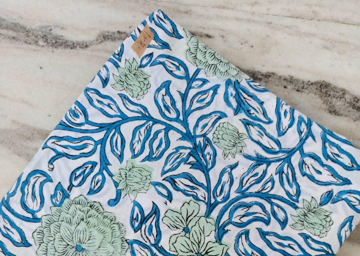 White Cotton Fabric with Blue & Green Floral Print, Hand Block Print Fabric by the Yard, Indian Cotton For Dressmaking, Loose Running Fabric