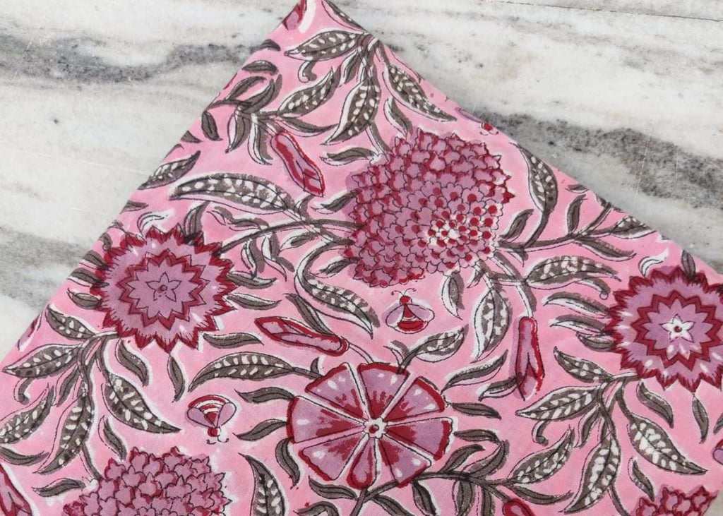 Pink Floral Block Print Cotton Fabric by the Yard, Soft Running Fabric for Sewing, Dress Making, Kurta, Quilting, Handmade Indian Fabric
