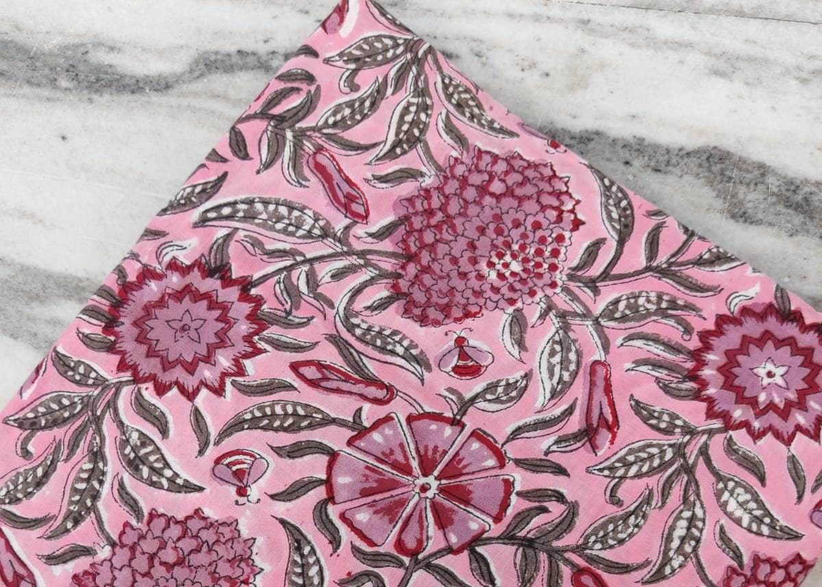 Pink Floral Block Print Cotton Fabric by the Yard, Soft Running Fabric for Sewing, Dress Making, Kurta, Quilting, Handmade Indian Fabric